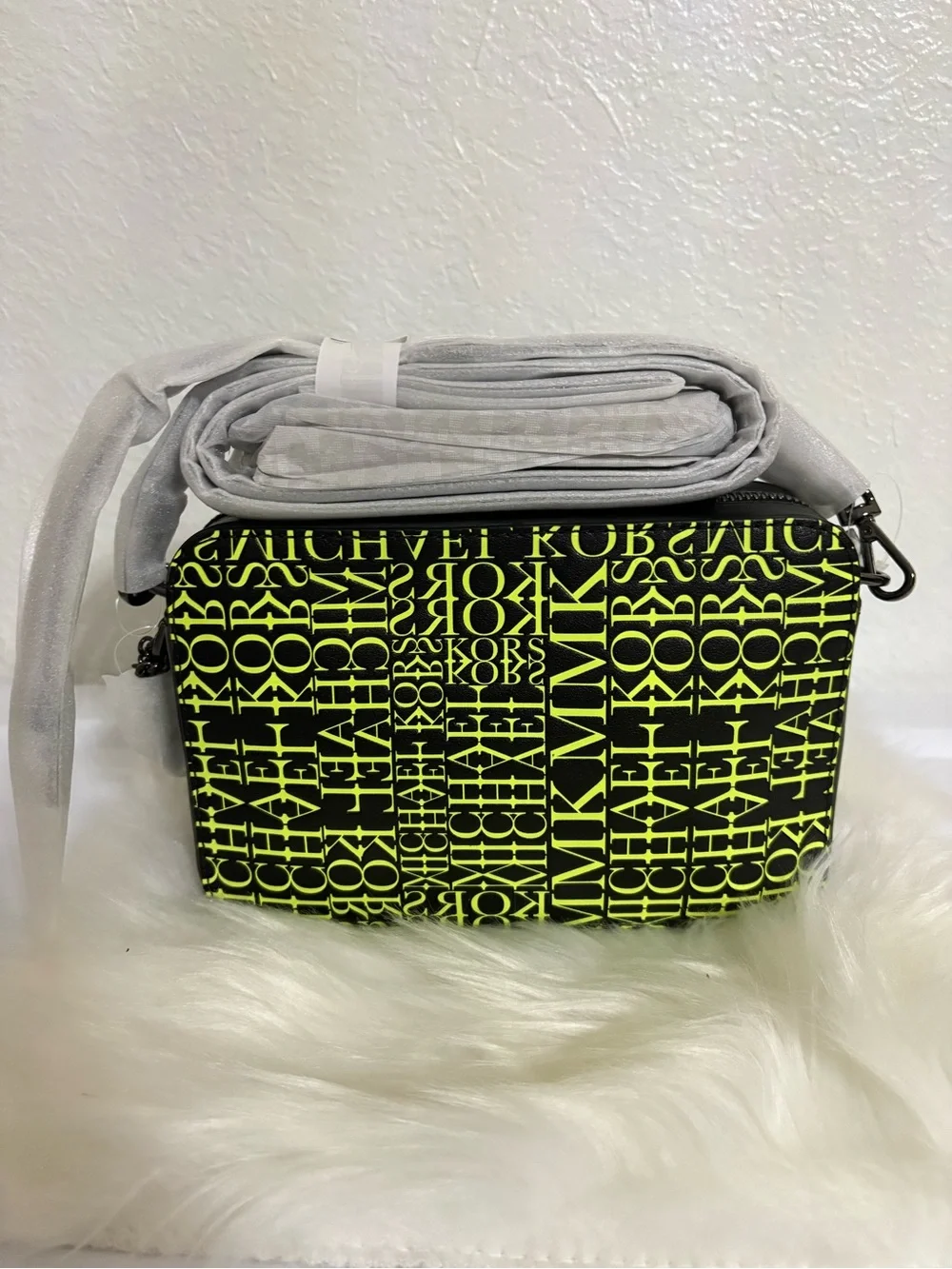 Michael Kors Black Crossbody with Neon Yellow Logo Print
